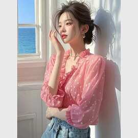 法式粉色波点衬衫女装春季2025新款独特超好看漂亮上衣长袖雪纺衫