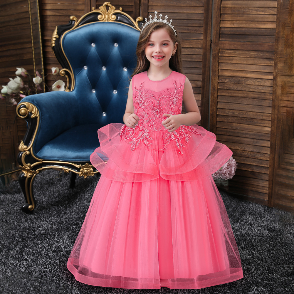 Pasarela de niñas de gama alta vestido de princesa largo para niños nuevos vestido de rendimiento de niña de flores vestido de malla mullido