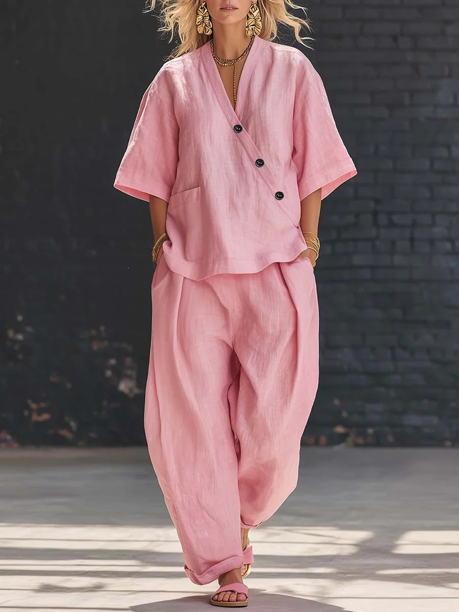 Women's Clothing Women's Solid Color Summer Set V Neck Short Sleeve Top And High Waisted Trousers Two Piece Style Clothing_ecoleips.com
