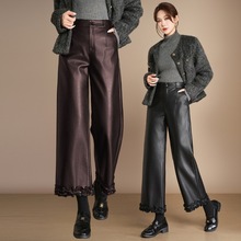 海宁全皮皮裤2025秋冬新款高腰直筒宽松绵羊皮加绒阔腿花边九分裤