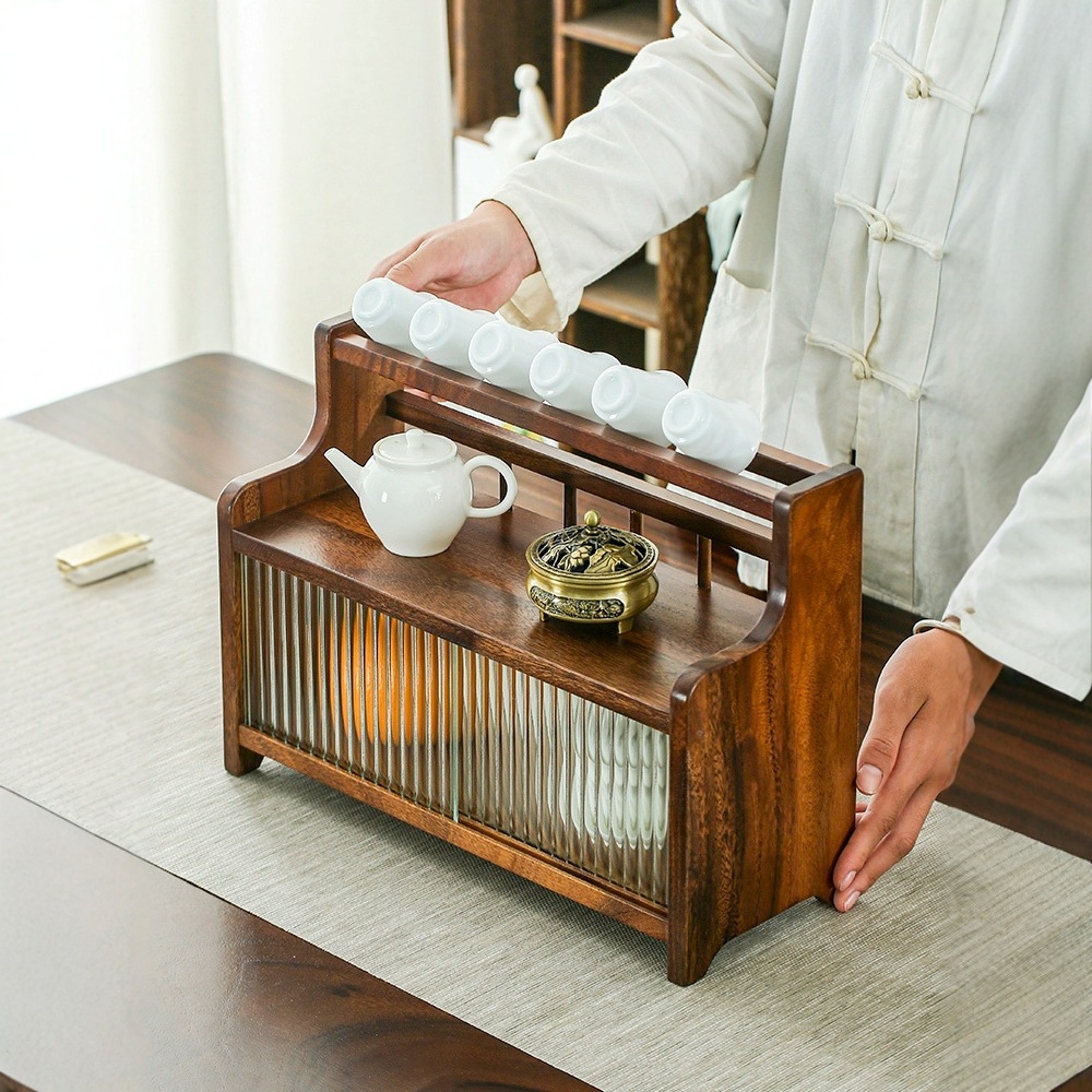 南美胡桃木木质杯架长虹沥水推拉柜茶具杂物实木收纳柜桌面展示柜