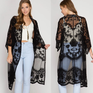Summer New Women's Loose Embroidered Lace Cropped Wide Sleeve Sunscreen Mid-length See-through Cardigan Jacket