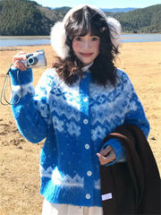 韓国版の甘い丸首のクリスマスのフェルト島のセーターのカーディガンの上着の女子学生の秋冬のゆったりして厚いニット