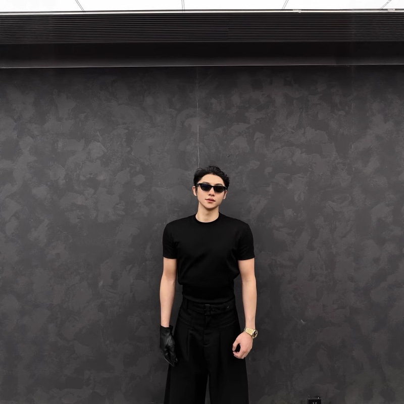 American Style 310g Cool Salona Half Turtleneck Salona Fitness Sports T-Shirt Men's Right Shoulder Pure Color Round Neck Short Sleeves