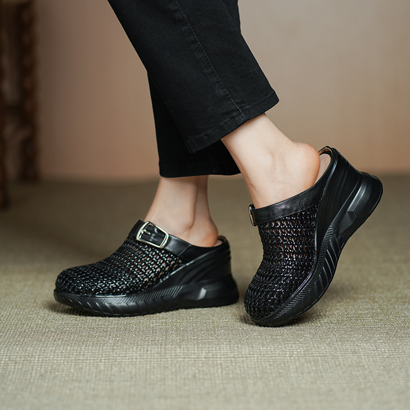 Sandal cao gót nữ mũi hở đế xuồng 8.5cm da thật kiểu La Mã đan lưới — màu đen, màu mơ