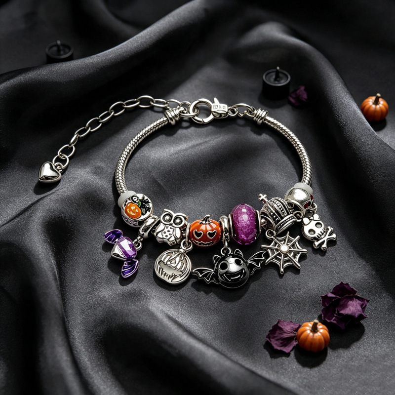 European and American vintage Halloween-themed accessories pumpkin bat owl skull pendant adjustable beaded bracelet