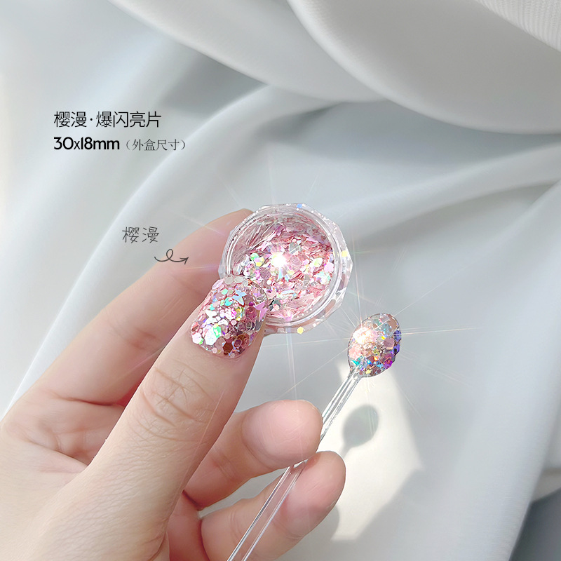 Internet celebridad nuevo clavo ultra-delgada flor de cerezo verde mariposa láser lentejuelas brillo gradiente mezclado joyería de uñas