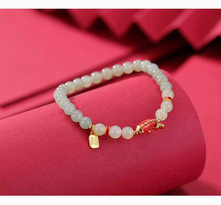 Vòng tay bạc S925 mạ vàng đính đá sapphire Hetian hạt tròn phong cách Koi Fu — Một chiếc chi tiết 4