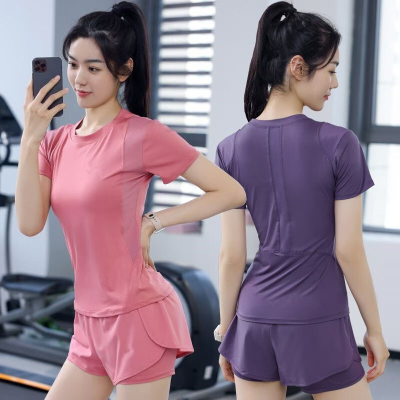 瑜伽服套装女短袖夏季圆领紧身速干t恤跑步训练两件套2025新款专