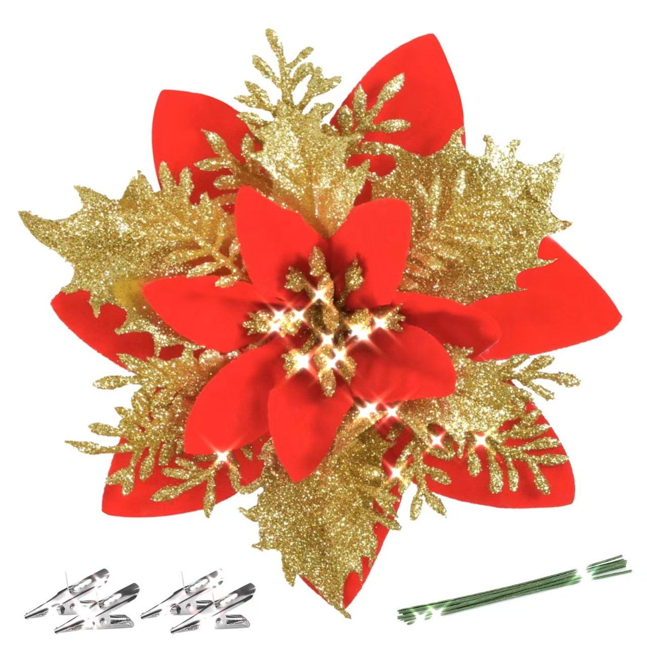 跨境爆款圣诞节装饰仿真花圣诞花金粉花圣诞树装饰花花环藤条配件