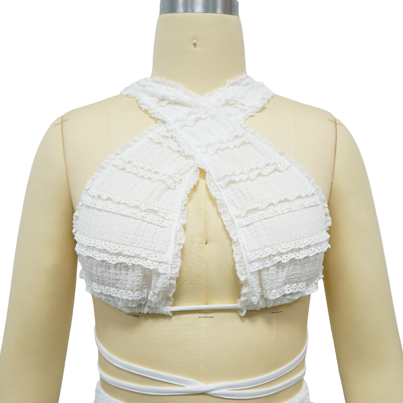 Completo da donna in denim con pizzo, senza maniche e schiena scoperta_voghion.com