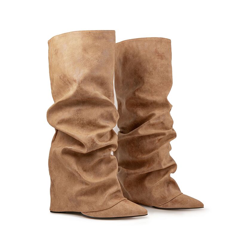 European and American Style Retro Microfiber Pile Boots ~ Pointed Toe Splicing Cuff Sleeves Pleated Super High Heel Knee-High Boots for Women with Stiletto Heels European and American Style Retro Microfiber Pile Boots ~ Pointed Toe Splicing Cuff Sleeves Pleated Super High Heel Knee-High Boots for Women with Stiletto Heels
