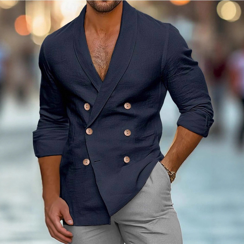 Men's Cross-Border 2024 New Long-Sleeve Solid Color Shirt with Shawl Collar for Spring and Autumn Seasons, Cross-Season Spring and Autumn Clothing with Buttons