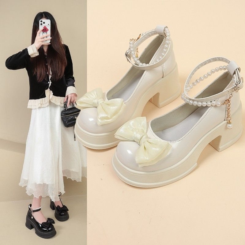 Black and White Pink Mary Jane Shoes for Women with Chunky Heels, Thick Soles, Bowknot, Pearl Strap, Lolita Jk Uniform Style Small Leather Shoes