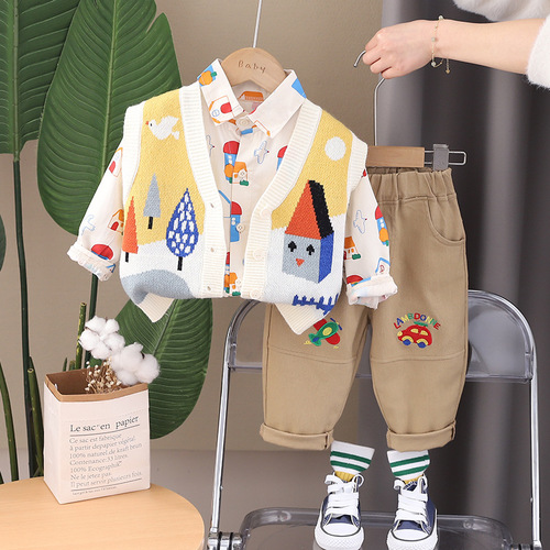 Knitted sweater vest for boys and girls, babies, 2024 new spring and autumn set, house cartoon three-piece set