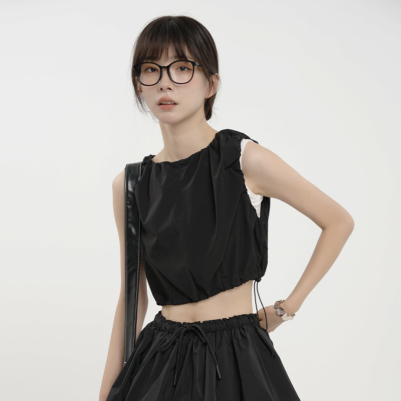 European and American Style Summer Round Neck Pleated Black Workwear Versatile Drawstring Design Niche Women's Short-Sleeved Sleeveless Vest Top