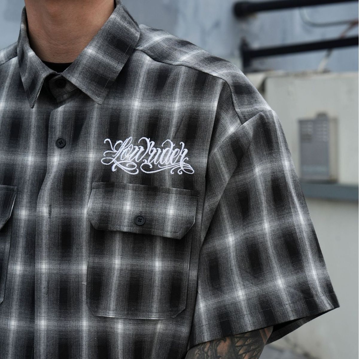 American Version Embroidered Mid-Sleeve Oversize Plaid Street Dance Bbox Short-Sleeved Shirt Shirt Men's Trendyy Dancers Must-Have