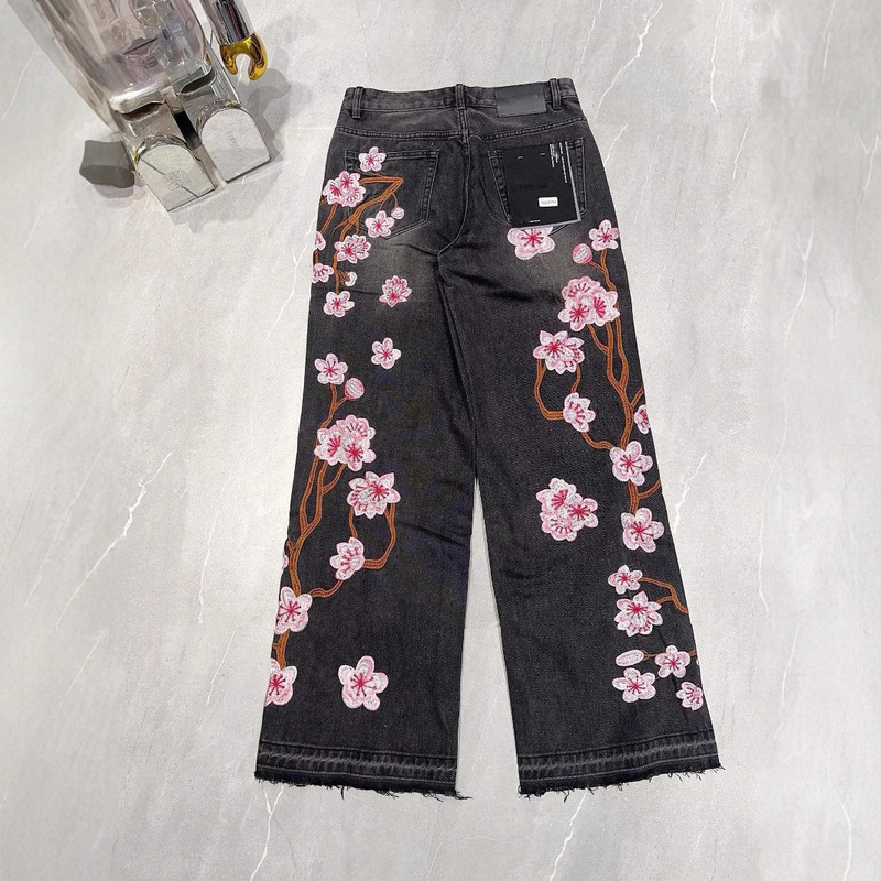 ヨーロッパとアメリカのクロスボーダーストリートゴシックスタイル桜刺繍ジーンズy2k男性と女性の同じスタイルのレトロファッションストレートパンツ|undefined