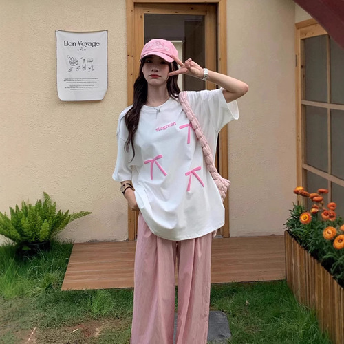 Women's Loose Fit, Slimming Button-Down Short-Sleeve T-Shirt with Ins Korean Cotton Material, Bowknot Letter Print, Fashion Wholesale