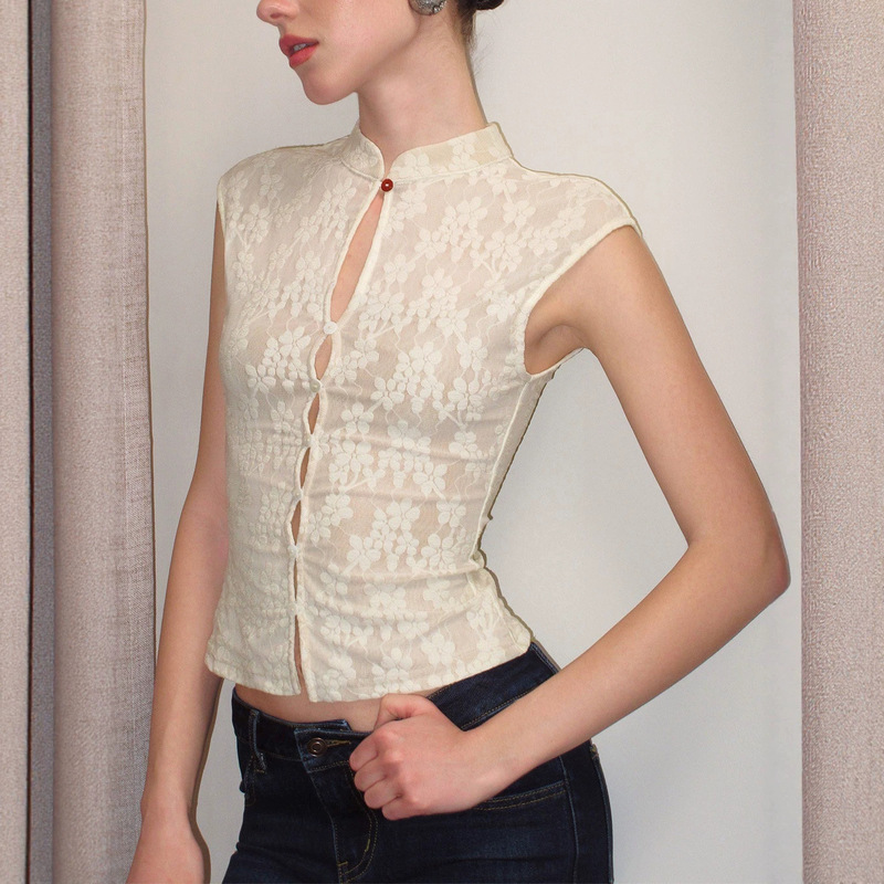 Off-White Cheongsam Collar Lace Semi-Sheer Sleeveless Blouse Slim Fit Hollow-Out New Chinese Style Top