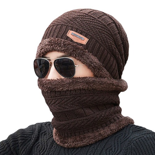 Thick Fleece Lined Knitted Beanie for Men - Winter Warm Cotton Cap with Ear Protection, Windproof and Cold-Resistant, Trendy Youth Style