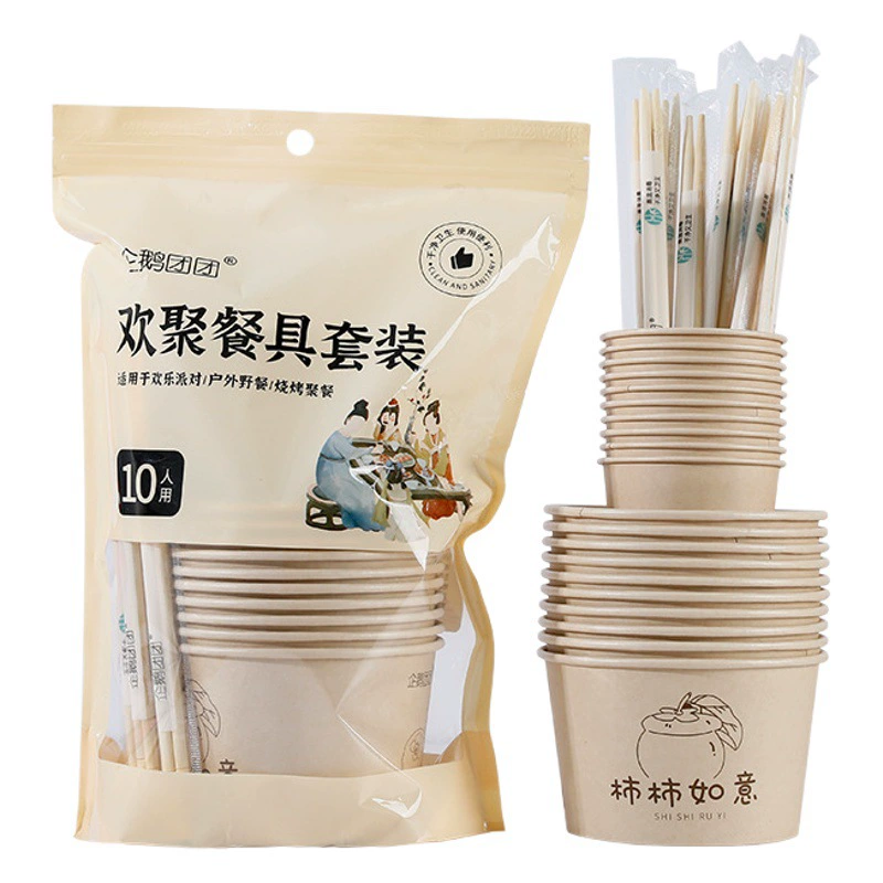 Оптовая продажа с фабрики, набор посуды для кемпинга, утолщенная бумажная миска, бумажный стаканчик, палочки для еды, набор из трех предметов, бытовые одноразовые миски и палочки для еды, бесплатная доставка