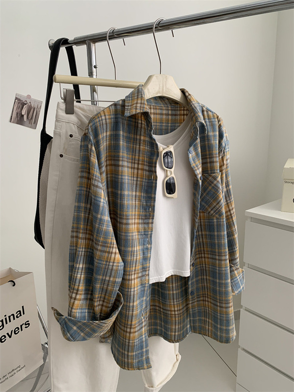 文芸復古白黄青格子シャツ女子春秋モデルのゆるいカジュアルな中性毛磨きシャツのカーディガンコート|undefined