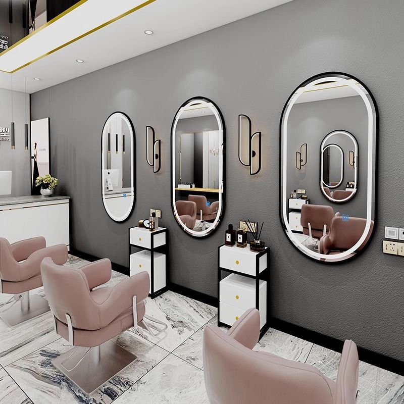 Barbería simple decoración espejo rojo en línea espejo con lámpara marea pared de un solo lado espejo peluquería image 17