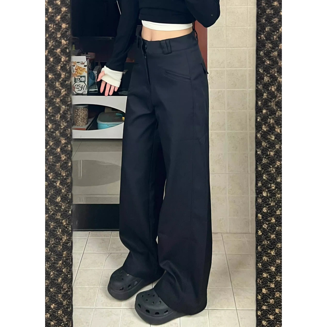 Black Stylish Casual Suit Pants for Women, New Spring and Autumn Large Size, High-Waisted, Loose, Drapey, Slimming Wide-Leg Pants