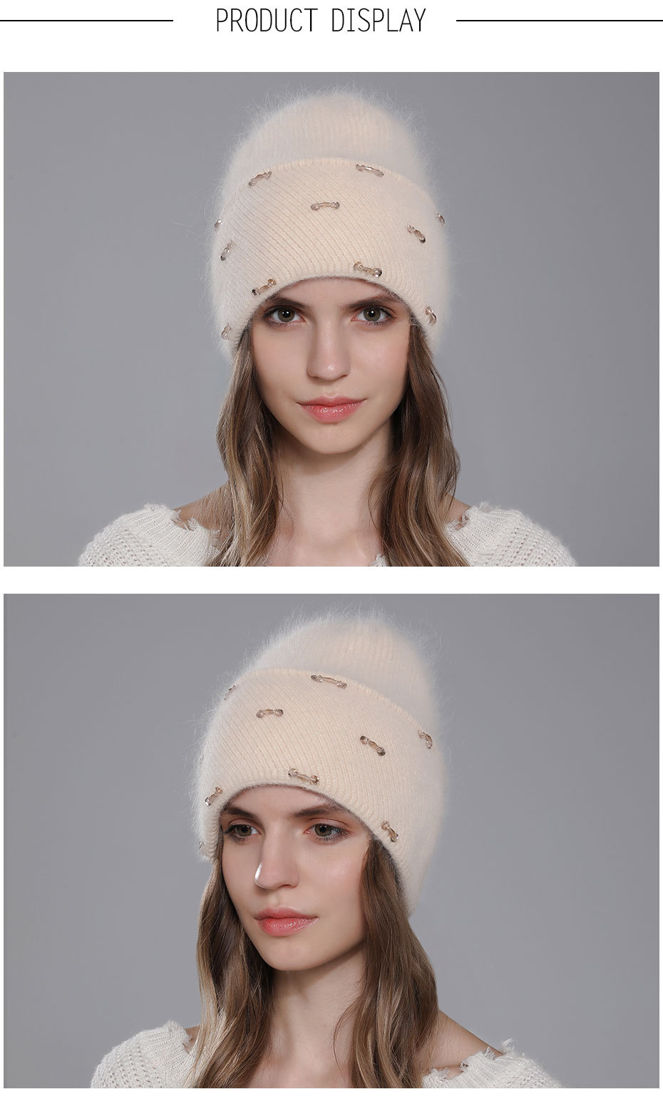 Poils de lapin tricotés pour enfants, mode chaude d'hiver. La laine est polyvalente pour les femmes avec des bords retournés et un double pli_voghion.com