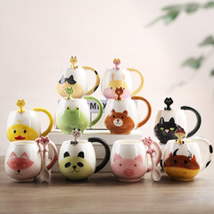 Cute cartoon animal ceramic cup household female mug hand-painted children's water cup with spoon coffee cup milk cup