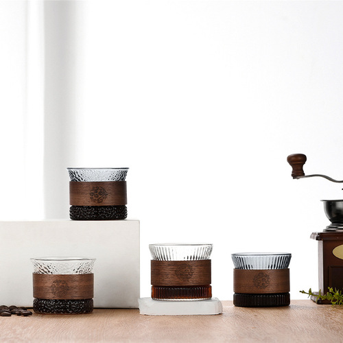 Glass coffee cup, creative small coffee cup, high-looking coffee set, afternoon tea cup, anti-scalding wooden circle Japanese cup