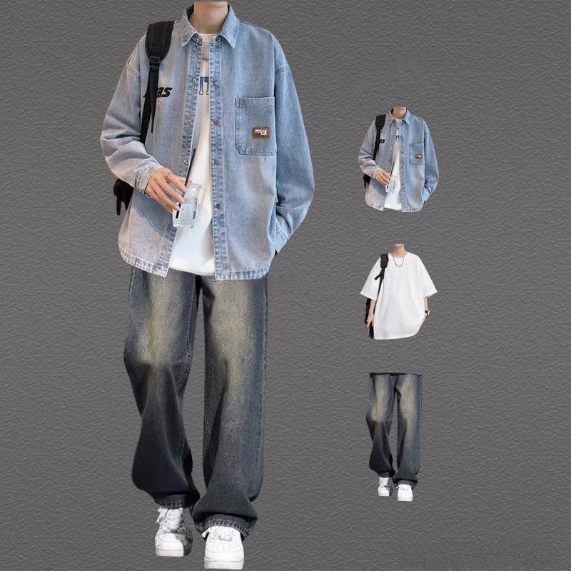 Trendy Long-Sleeved American-Style Shirt for Men, Spring and Autumn Outfit, Youth Denim Jacket Set, Matching Outfit
