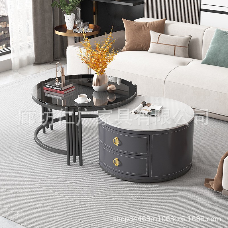 Mesa de centro moderna de lujo ligero de celebridades de Internet, balcón de la sala de estar nórdica, mesa de té de vidrio redonda, mesa de centro de pizarra de tamaño pequeño para el hogar