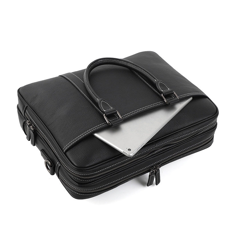 Cặp công sở da bò lớp đầu khóa kéo đôi, túi xách tay nam đựng laptop 14 inch dung lượng lớn, có dây đeo vai 38×11×28 cm — đen