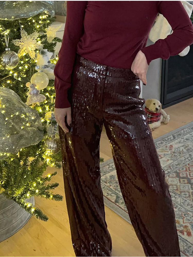 Temperamento de color sólido, pantalones de piernas anchas de lentejuelas, 2025 primavera y otoño, nuevos pantalones de mujer, moda suelta, estilo europeo y americano transfronterizo.