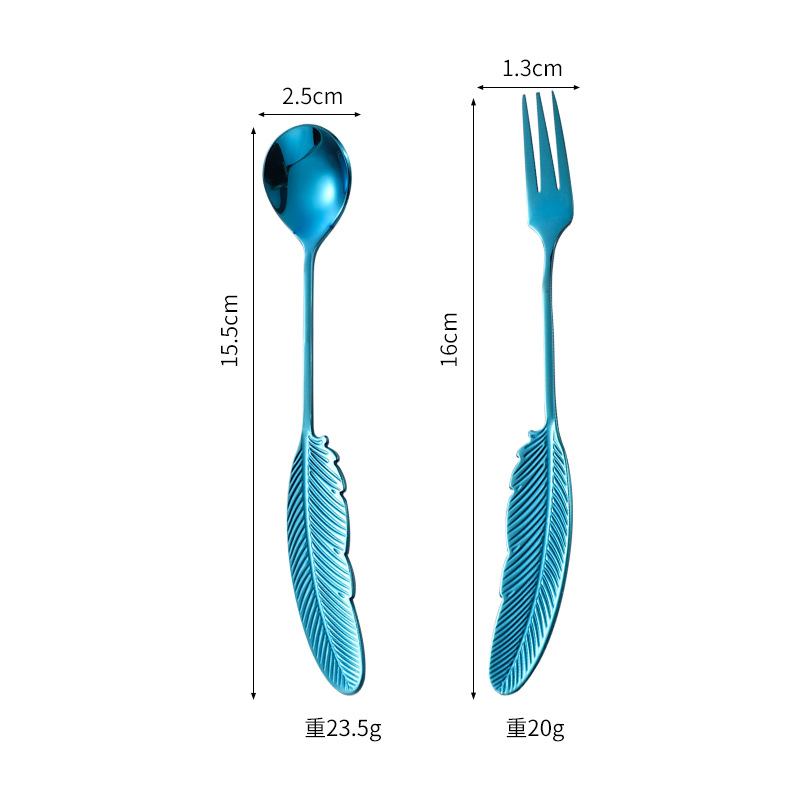 Creativo chapado en oro de color 304 de acero inoxidable de plumas cuchara de pastel cuchara de postre Tenedor de fruta cuchara de café cuchara de agitación