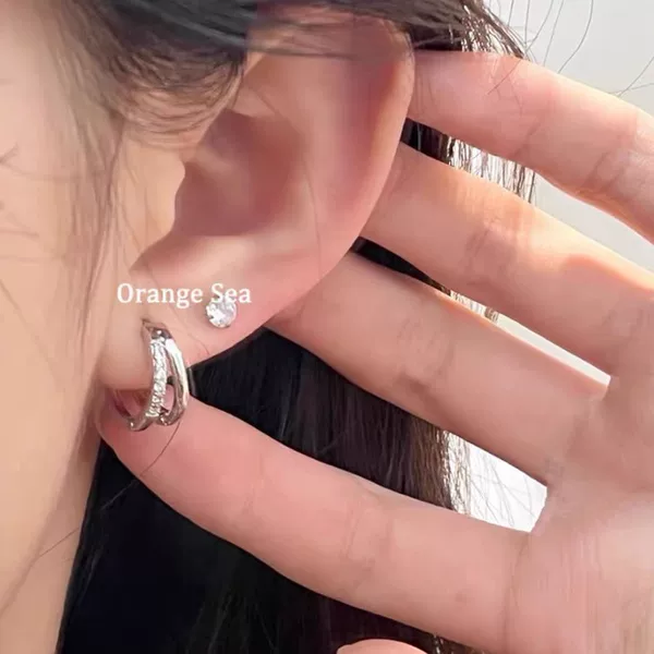 Orange Sea basic versatile double-layer hoop earrings with micro-inlaid zirconia, minimalist plain hoop earrings