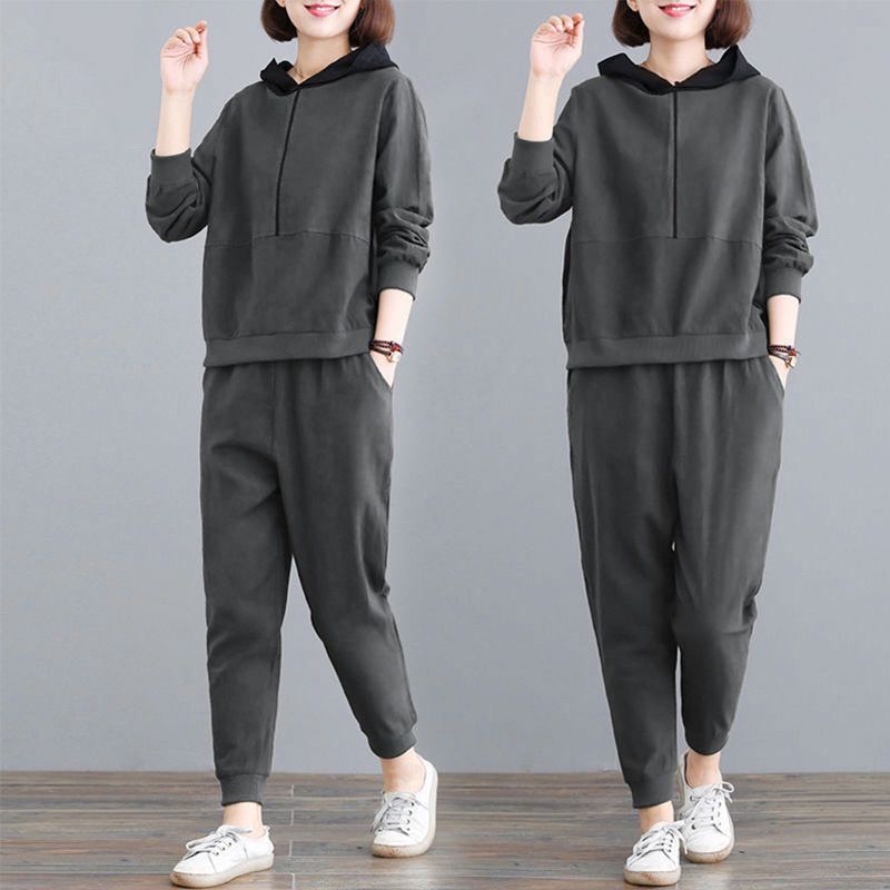 韩版新款两件套运动套装女大码卫衣2025休闲服连帽宽松春秋季时尚|undefined