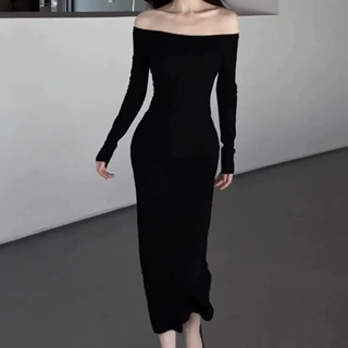 性感一字肩设计收腰显瘦连衣裙子女2024秋冬长袖包臀内搭长裙子