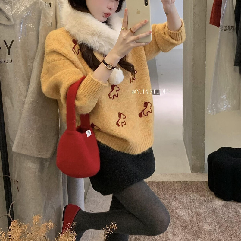 Ys Autumn and Winter Korean-Style Jacquard Embroidered Pullover Sweater for Women, Warm Knitwear with Detachable Fur Collar