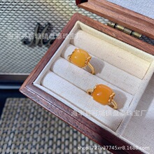 厂家批发 天然蜜蜡老蜡方形方糖戒指 S925银镶嵌