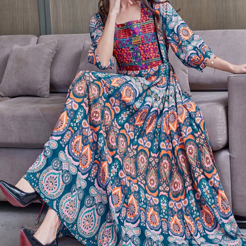 Bohemian Ethnic Style Travel Photography Embroidered Long Dress for Women Wholesale