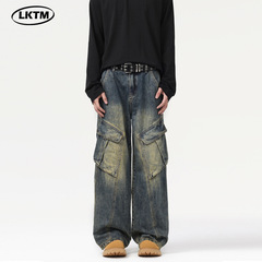 LKTMメンズ # アメリカのレトロなつなぎ多ポケットデザイン感のある工装ズボン