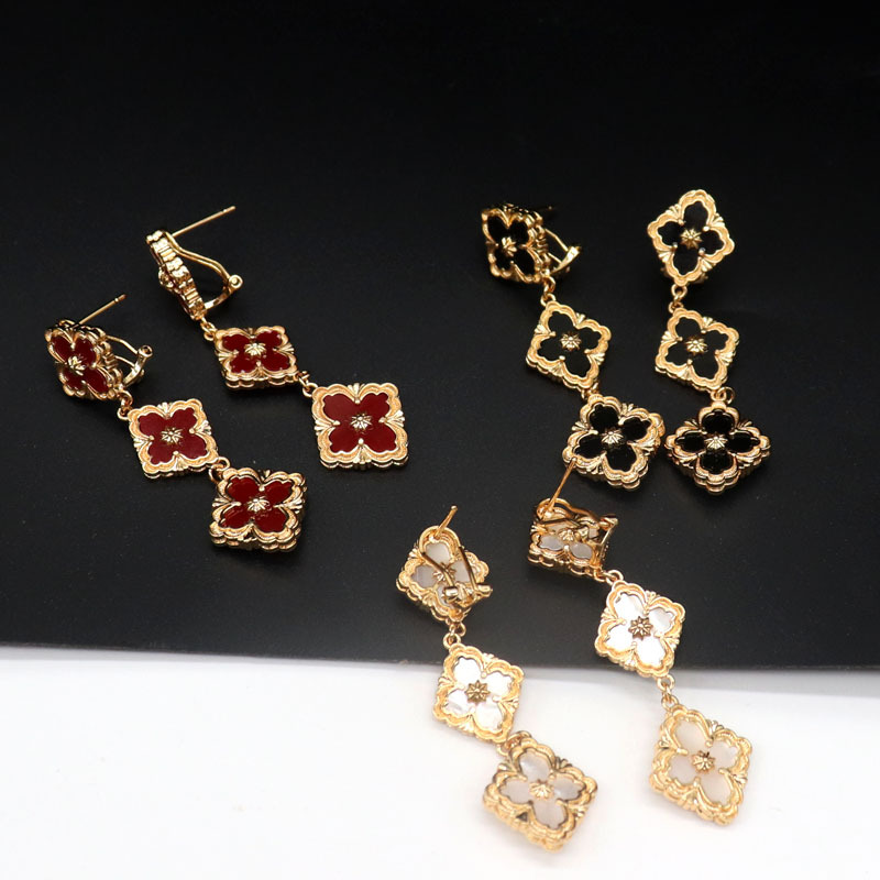 Italian Carved Four-leaf Clover Earrings Tiger Eye White Fritillaria Plated 18K Gold Internet Celebrity Jewelry Long Elegant Earrings for Women