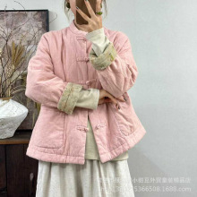 冬季新品夹棉外套女纯色肌理麻袖口拼花色中式棉服开衫