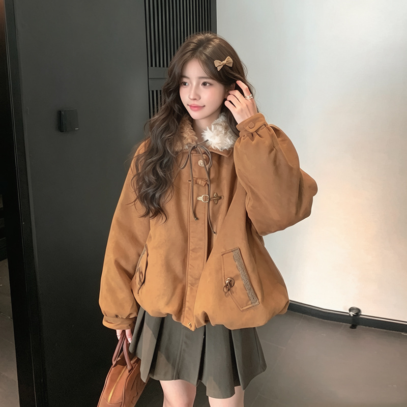 Women's cotton jacket, 2026 new style, Japanese retro design with a bow and fur collar, thickened for warmth, perfect for winter, and with a preppy, collegiate look