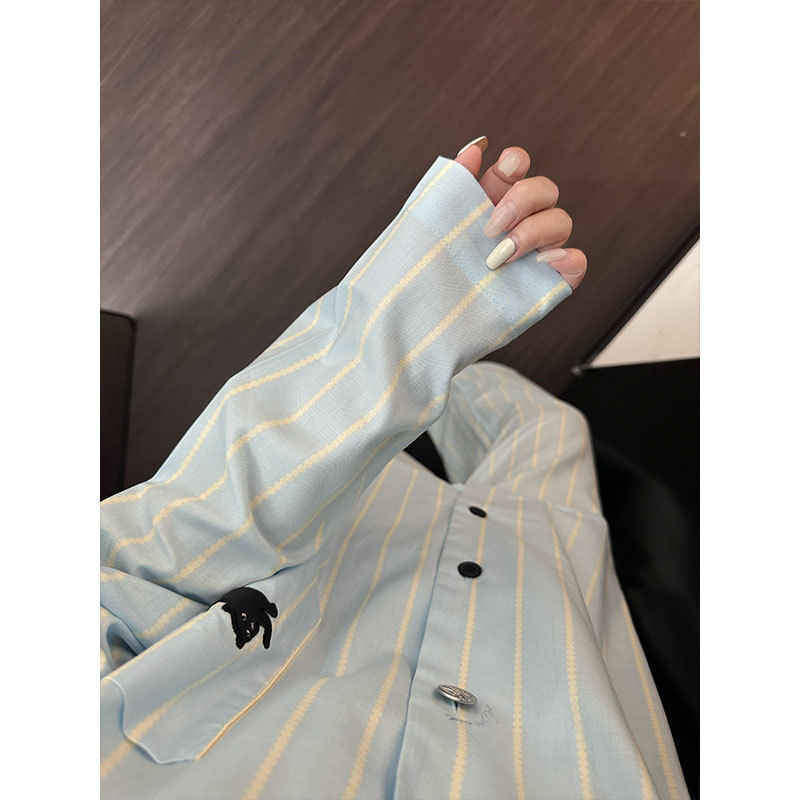 韩版蓝色条纹睡衣女秋季新款春秋季宽松休闲长袖长裤家居服套装|undefined