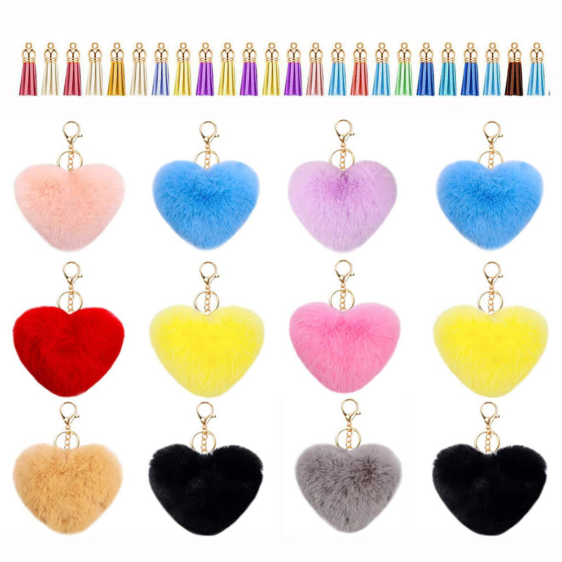 Cross-Border Pompom Keychain Artificial Fur Ball Keychain Heart Fluffy Ball Accessories Car Ladies Bag Accessories