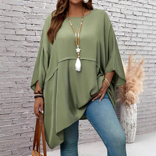 European and American Cross-Border Plus Size Women's Pure Color Loose Version Round Neck Long-Sleeved Casual Top Comfortable Bat Wing Sleeve Shirt